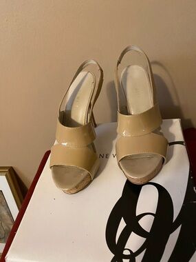 Nine West Nude Patent Leather Slingback Wedge Sandals